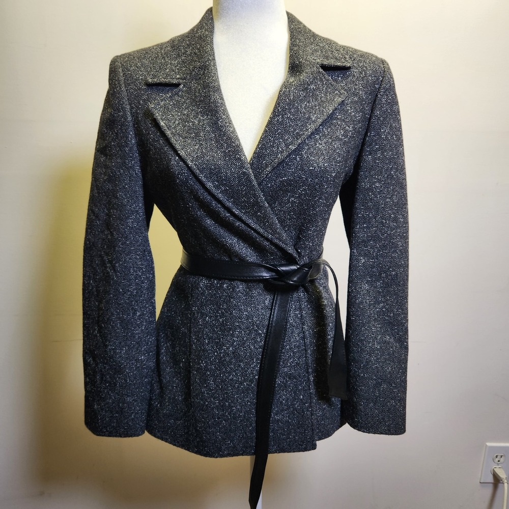 Kate Hill Petites Vtg Gray Black Herringbone Tweed Jacket Leather Belt Sz 6 Wool